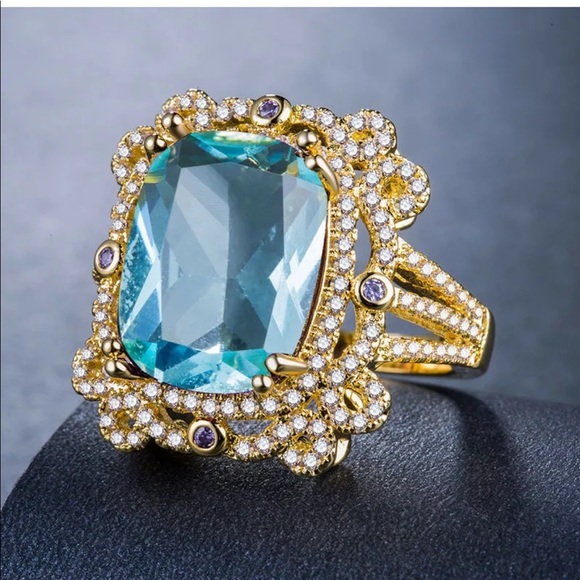 New 18k gold plated blue aquamarine luxury ring - Picture 1 of 5